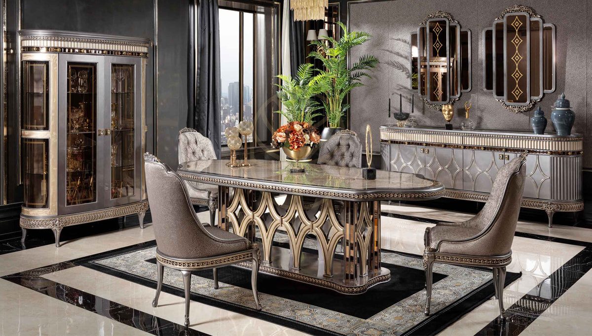 Royal Jersey Grey Hand Carved Teak Dining Table Set, Saharanpur, Dining Table