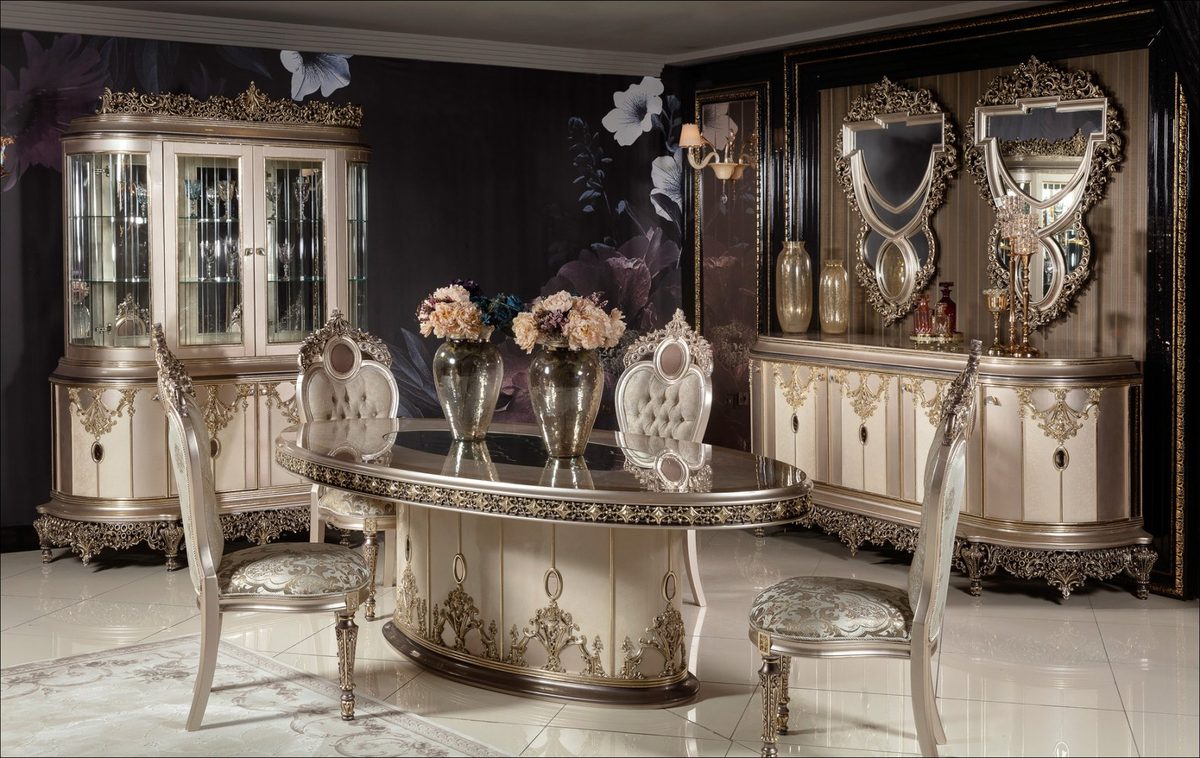 Teak Elegance Ivory and Gold Dining Set, Dining Table