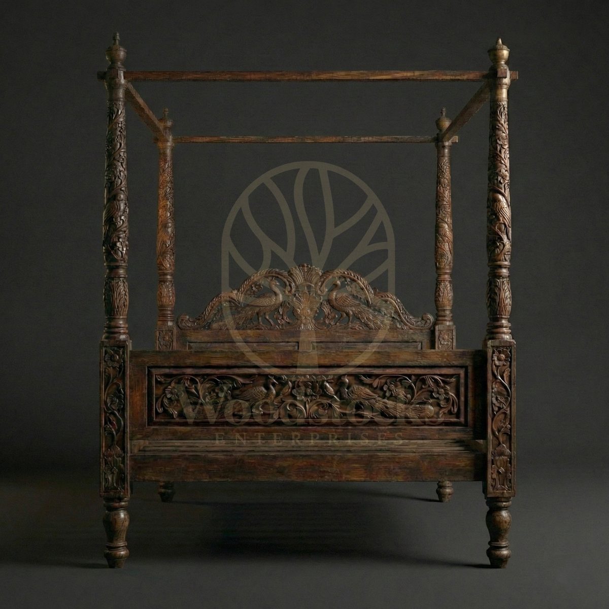 Royal Hand Carved Teak Suratte Peacock Court Four Poster Bed, Saharanpur, view 3
