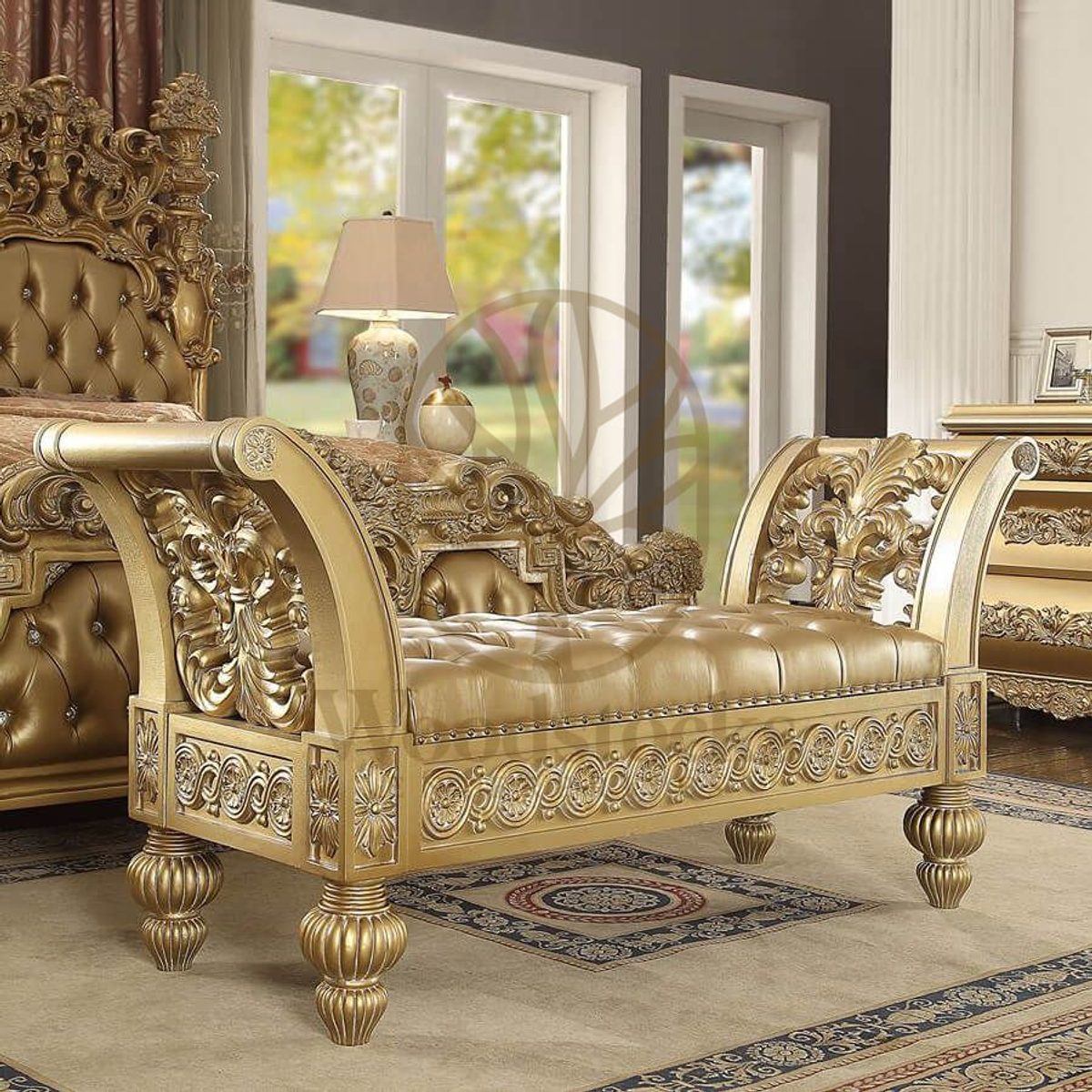 Teak Tufted Gold King Size Bed, view 3