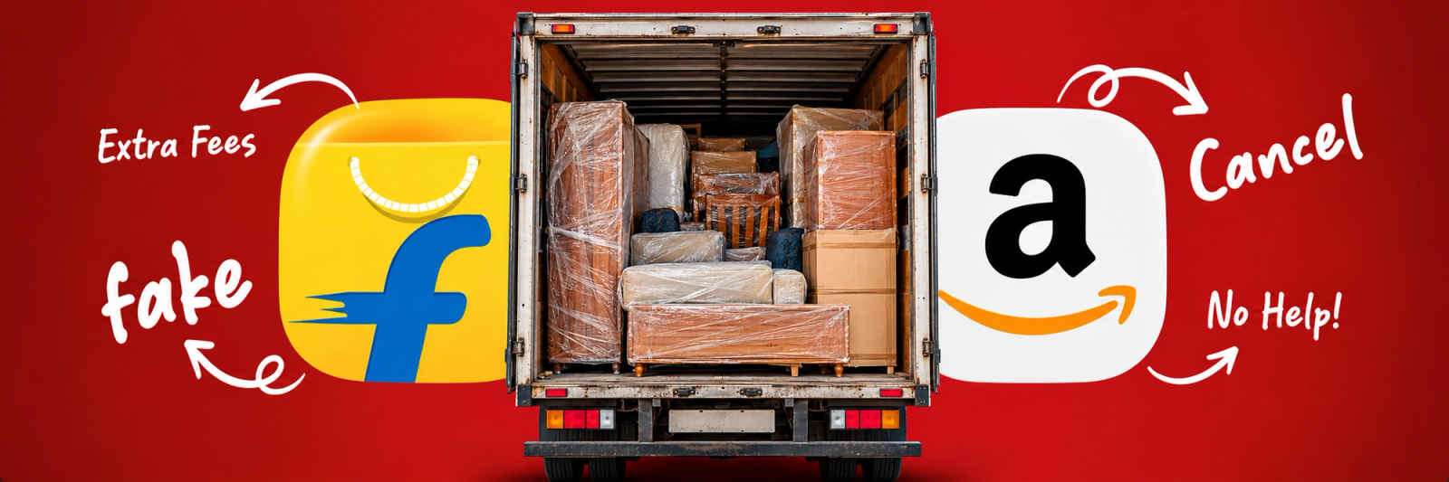 An open delivery truck loaded with solid wood furniture wrapped in plastic, between the Flipkart and Amazon app icons on a red background