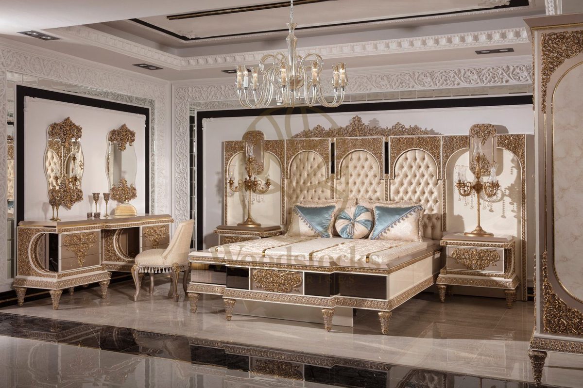 Teak Ornate Cream and Gold 4-Piece King Size Bed, alternate view