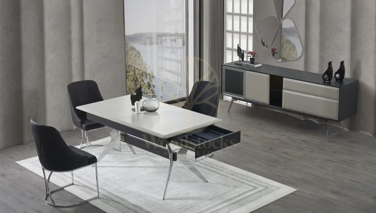 Luxury Alinas Grey Handcrafted Teak Dining Table Set, Saharanpur, view 4