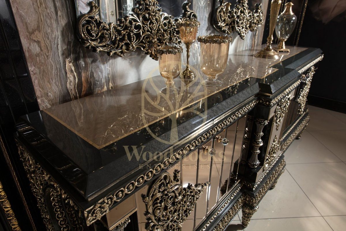 Teak Ornate Black Marble and Gold Console Table, alternate view