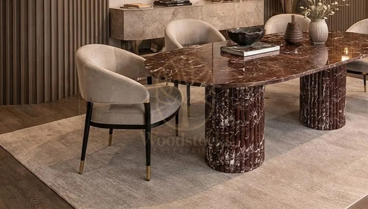 Luxury Rosso Marble Handcrafted Teak Dining Table Set, Saharanpur, view 4