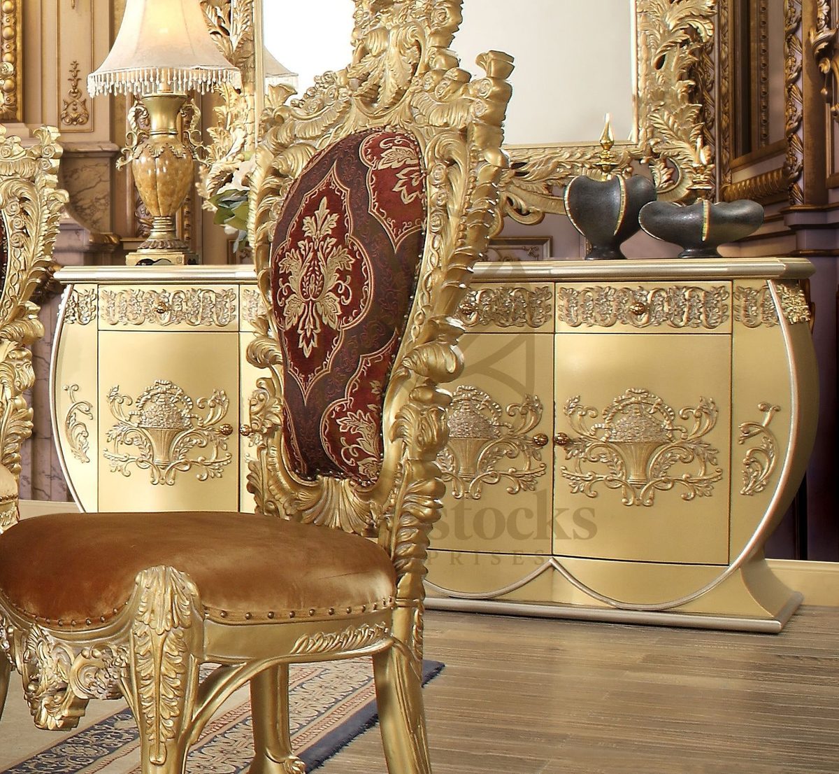 Teak Carved Gold 5-Piece Dining Table, alternate view
