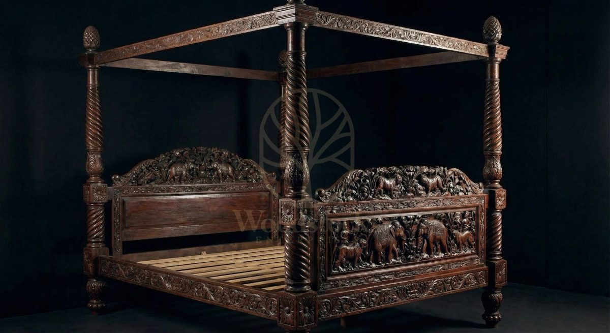 Royal Hand Carved Teak Bygone Mysore Heritage Canopy Bed, Saharanpur, view 2