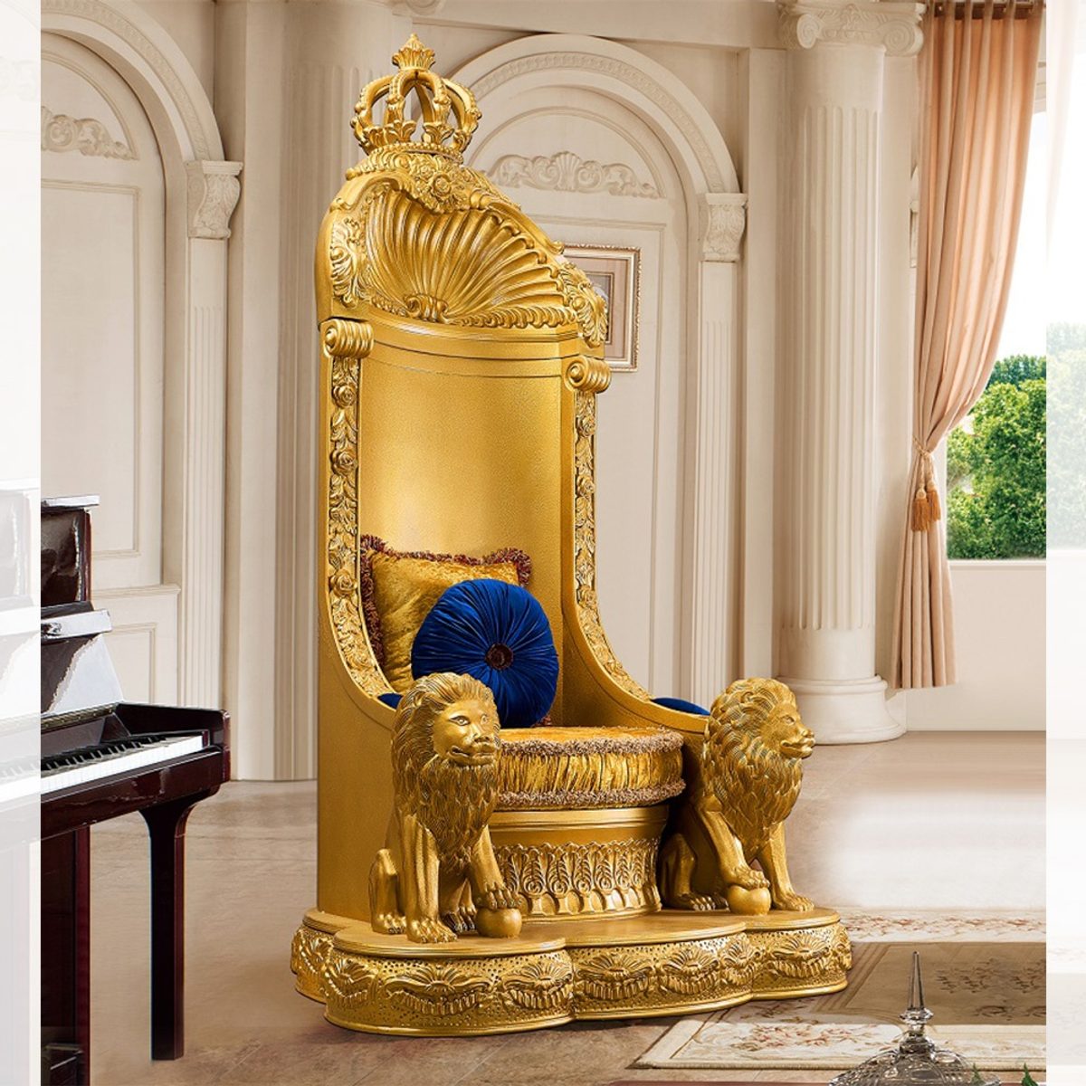 WSE High Quality Teak Wood Baroque Antique Gold Maharaja Chair, Maharaja Chair