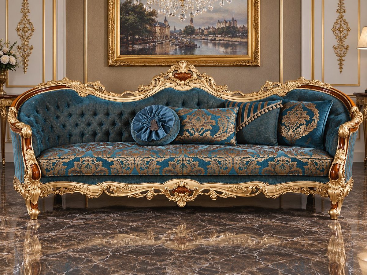 Luxury Turkish Baroque Carved Tufted Teak Sofa, Sofa Set