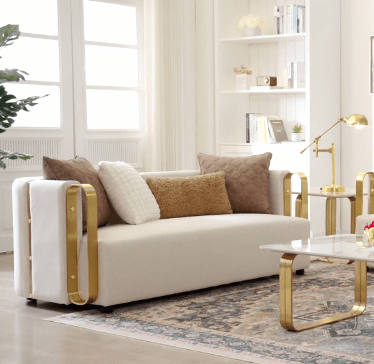 WSE High Quality Teak Wood Contemporary Gold Sofa Set III, Sofa Set