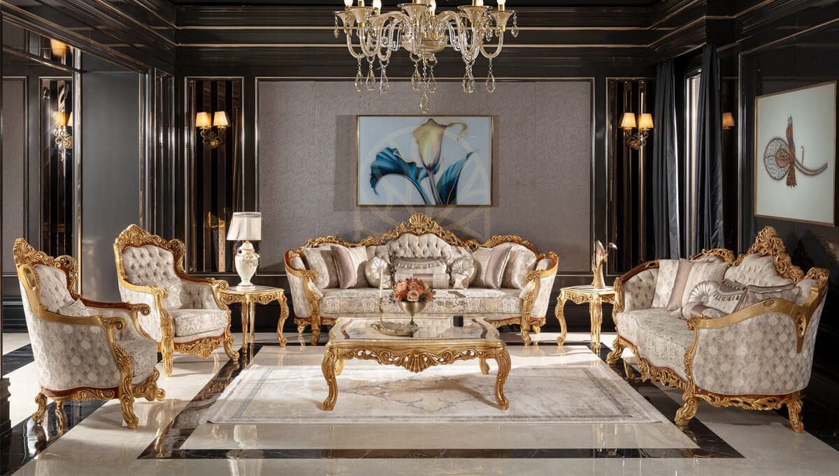 Royal Martinik Gold Leaf Hand Carved Teak Sofa Set, Saharanpur, Sofa Set