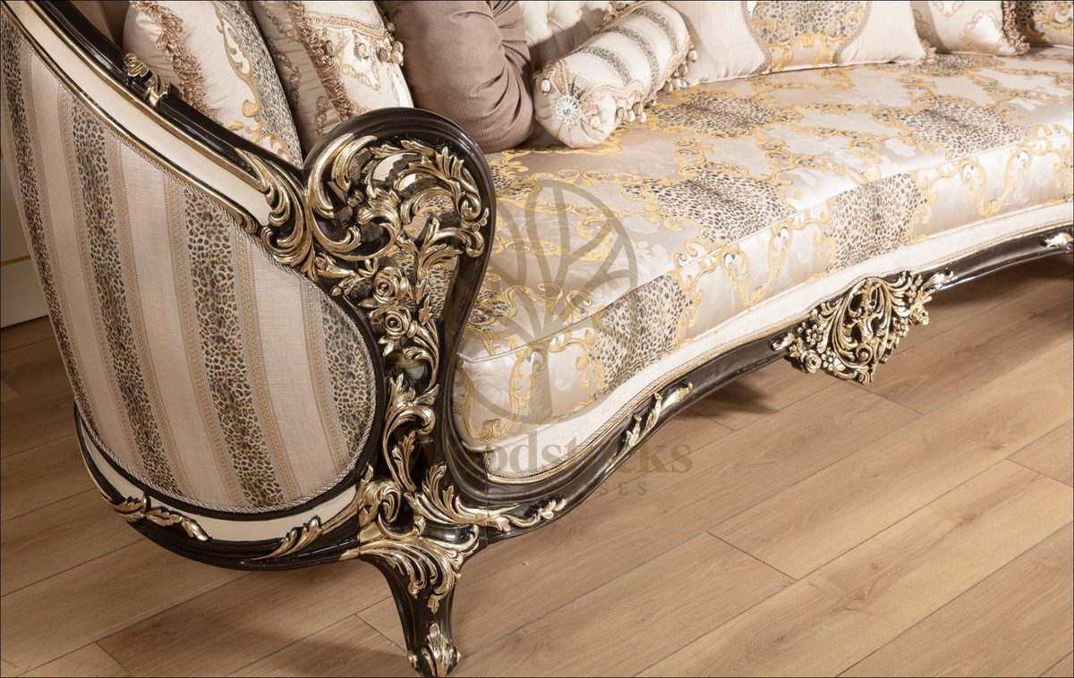 Teak Baroque Ivory and Gold Carved Sofa Set, view 6