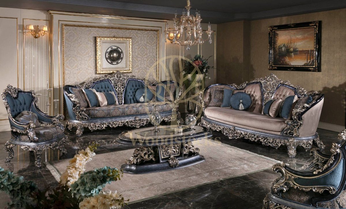 Teak Royal Navy and Silver Carved Sofa Set, Sofa Set