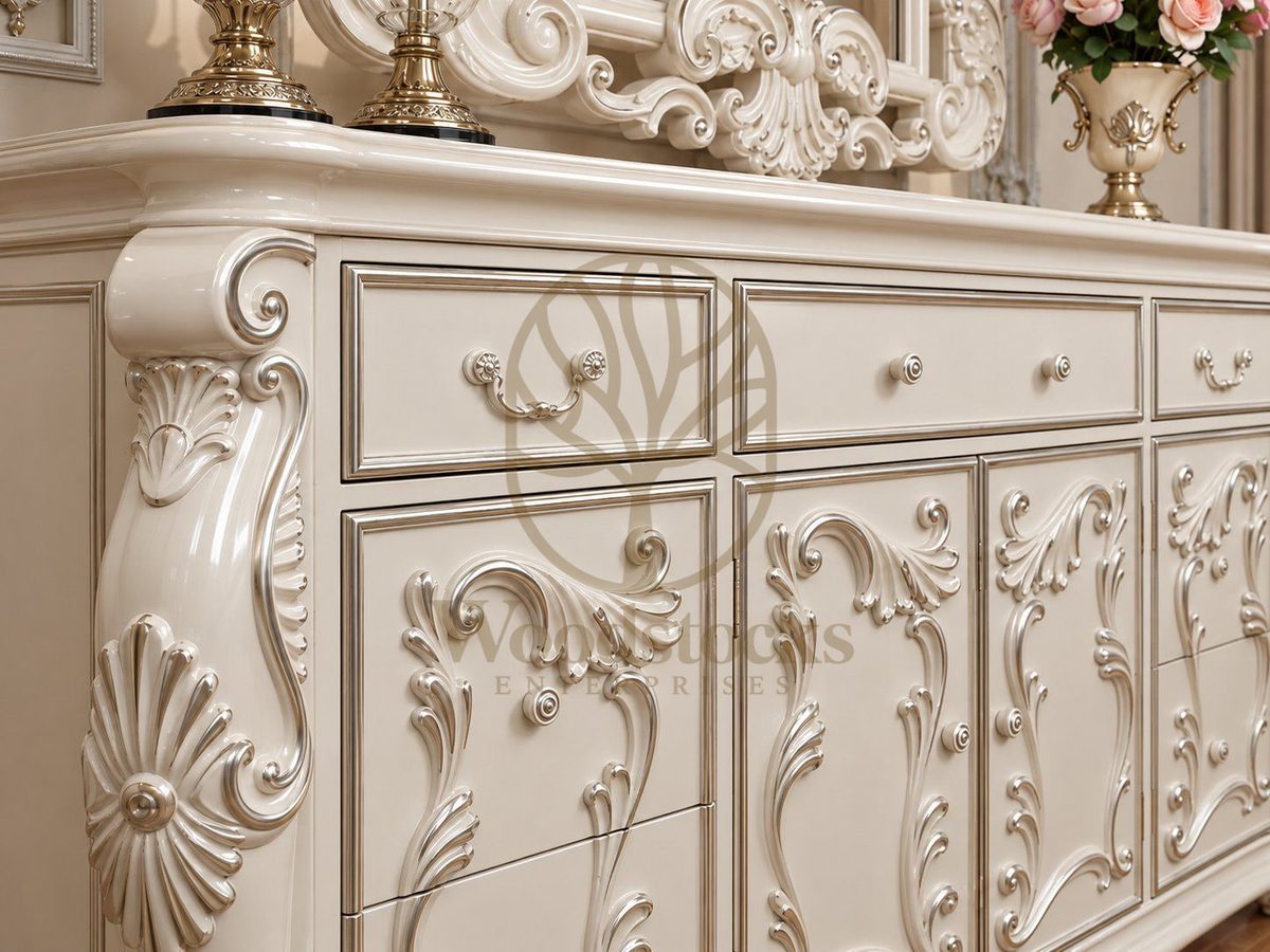 Luxury Ivory Ornate Carved Dresser with Mirror, view 5