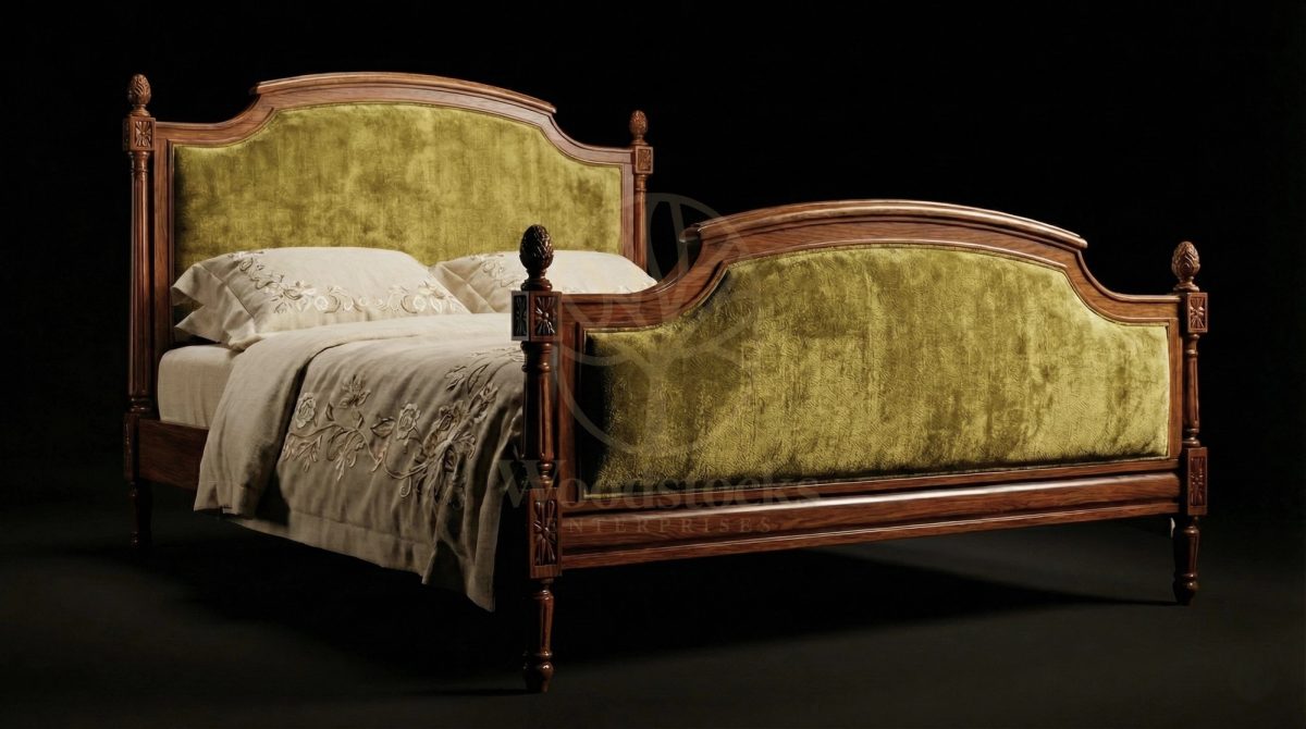 Royal Hand Carved Teak Louis XVI Salon Bed with Pomme de Pin Finials, Saharanpur, view 2