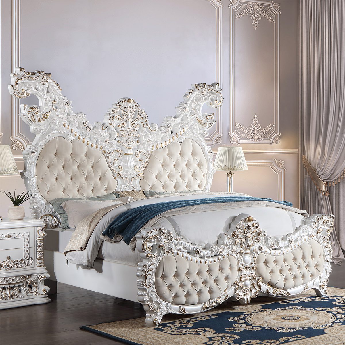 WSE High Quality Teak Wood Luxury Ivory 4-Piece King Size Bed, King Size Bed