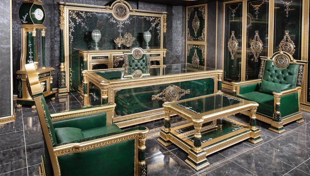 Royal Saheste Green Hand Carved Teak Office Table, Saharanpur, Office & Study Table