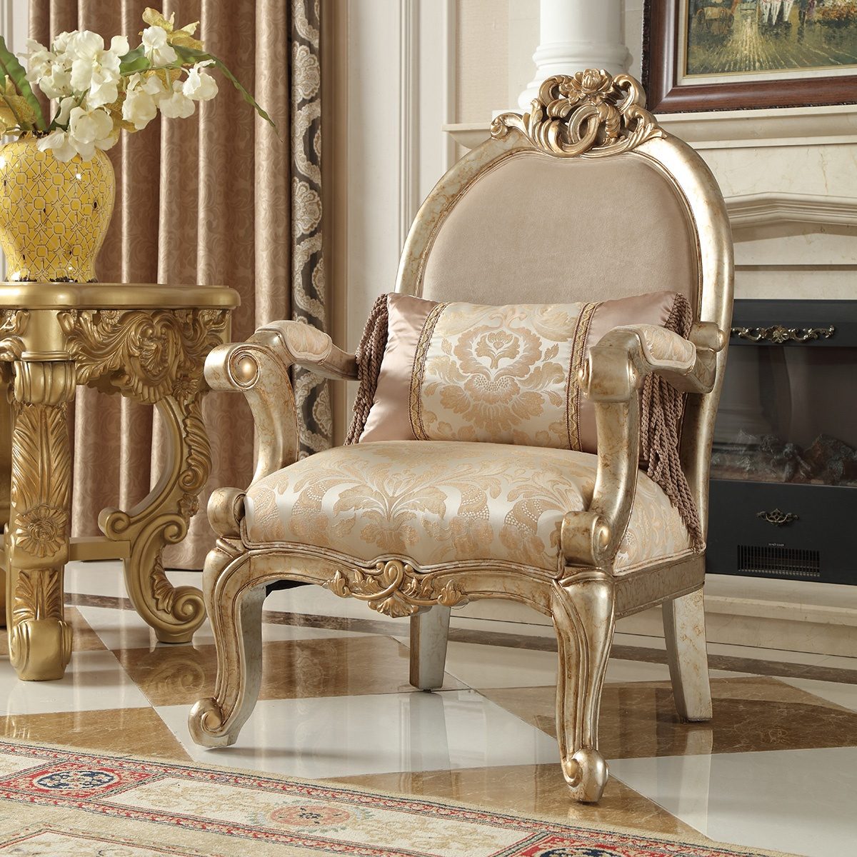 WSE High Quality Teak Wood Luxury Silver 3-Piece Sofa Set, Sofa Set
