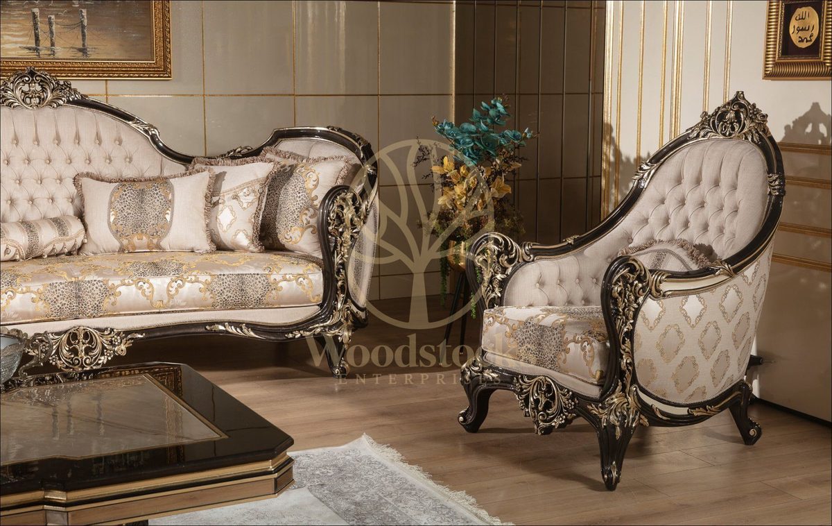 Teak Baroque Ivory and Gold Carved Sofa Set, view 7