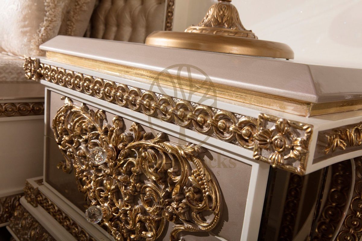 Teak Ornate Cream and Gold 4-Piece King Size Bed, view 17