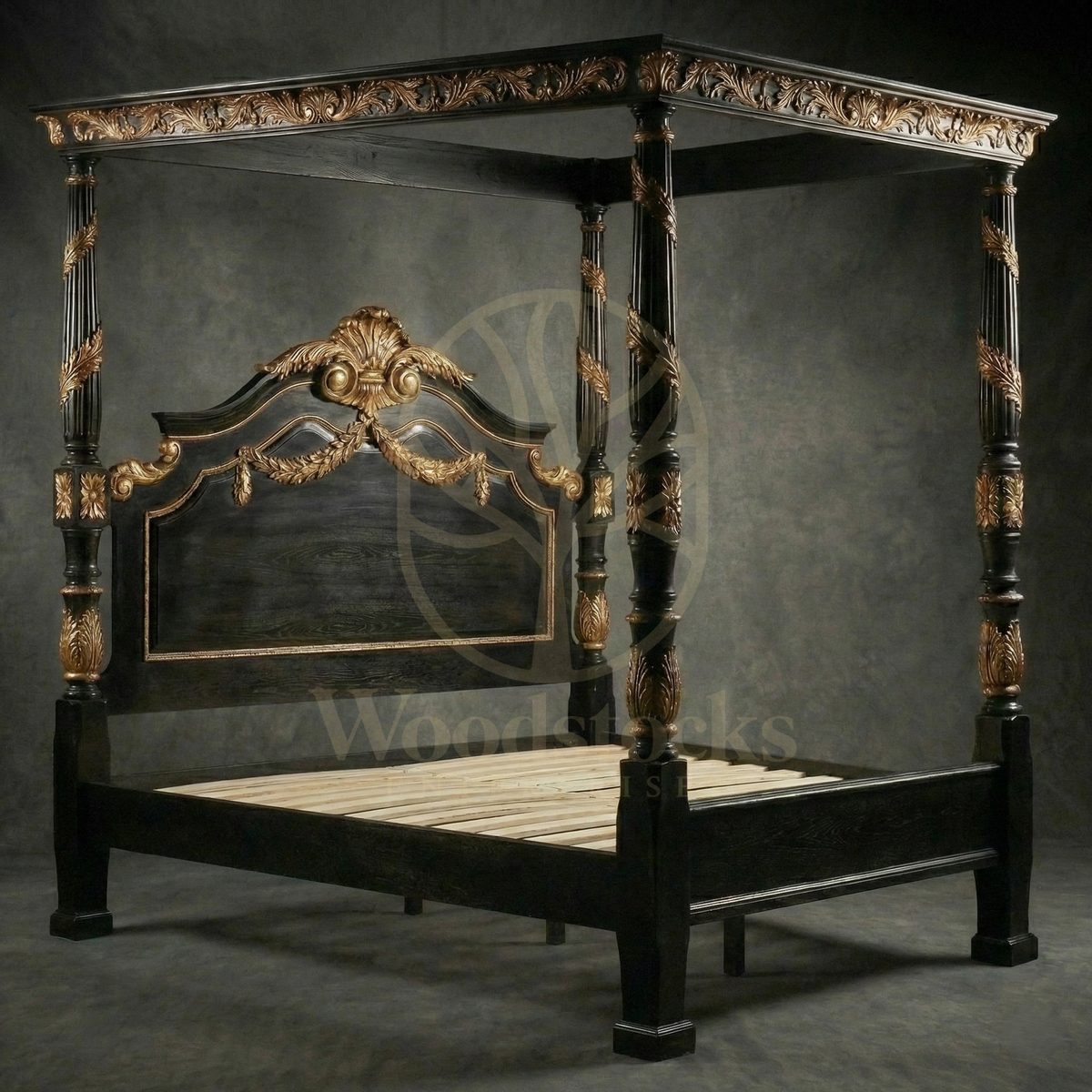 Royal Hand Carved Teak Palazzo Barberini Baroque Four Poster Bed, Saharanpur, view 3