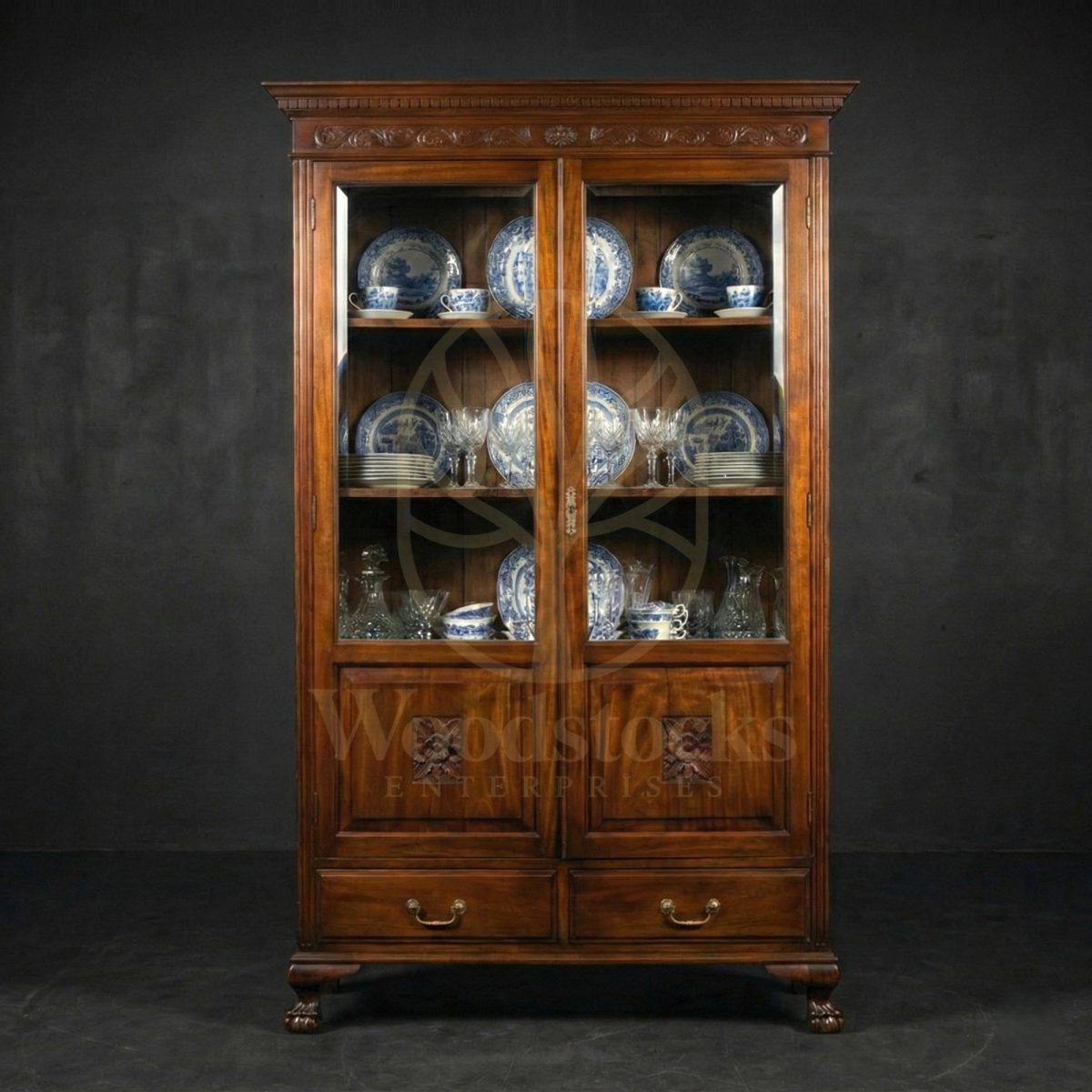 Hand Carved Teak Stratford Rosette-panel Glass Hutch, Saharanpur, Crockery Cabinet