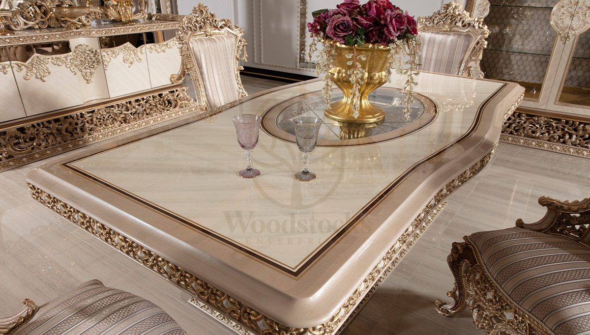 Royal Hisar White Hand Carved Teak Dining Table Set, Saharanpur, view 2