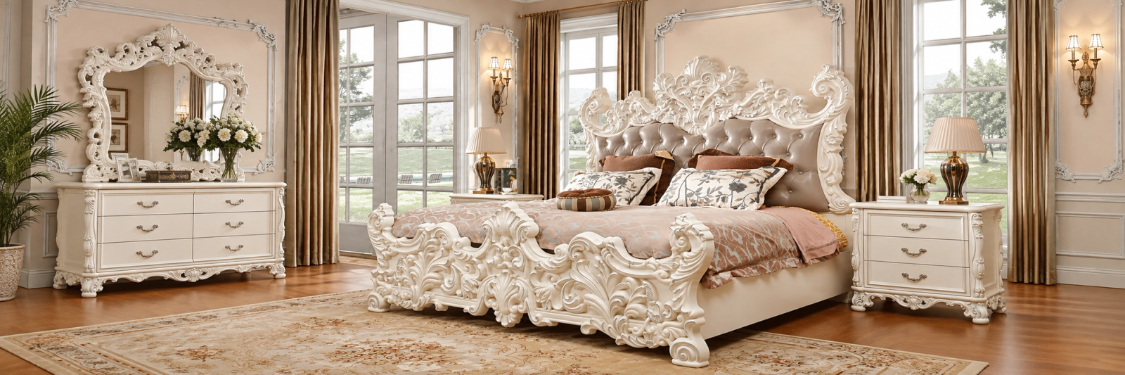 Hand-carved king size bed in solid teak finished in ivory lacquer, with matching dresser, mirror and bedside tables