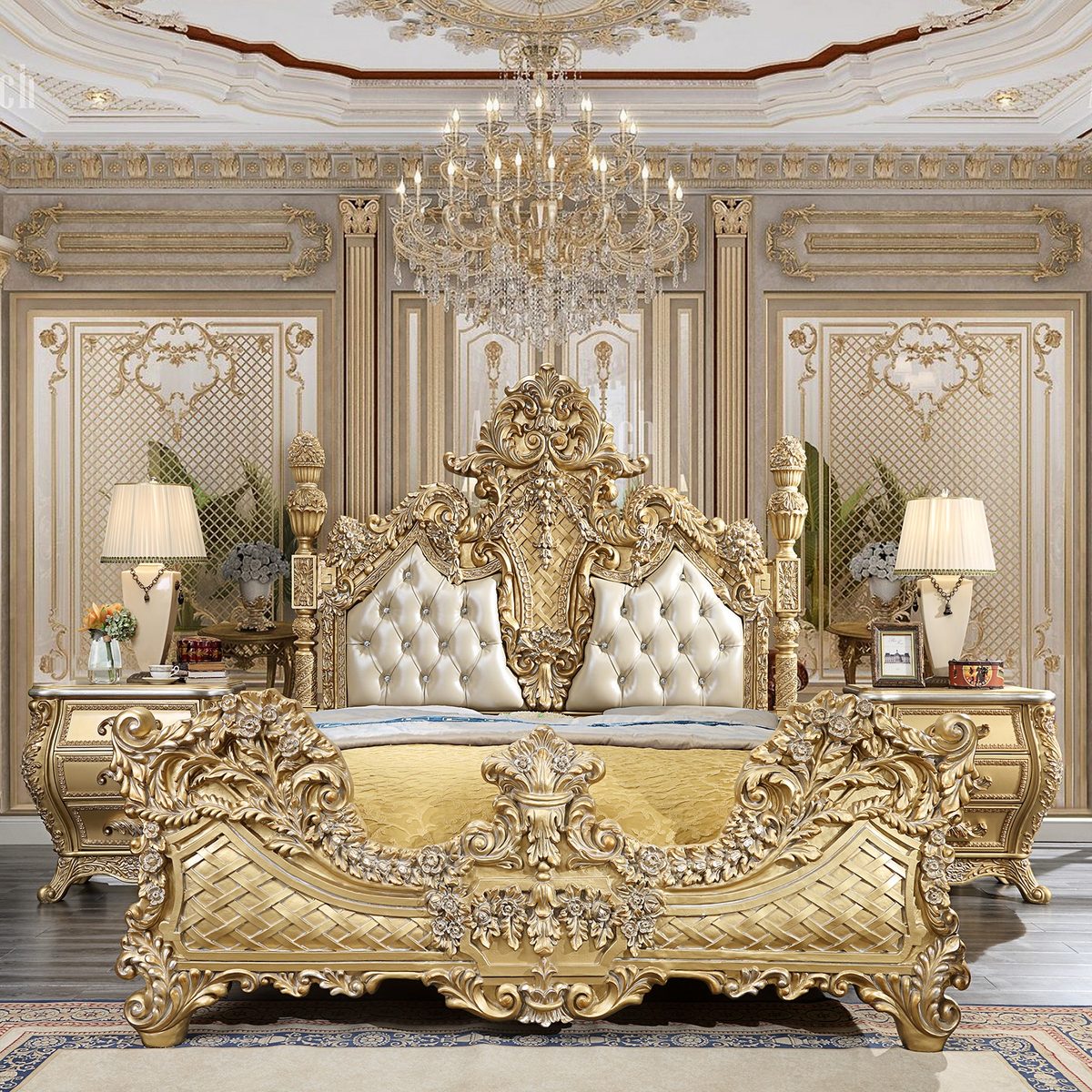 WSE High Quality Teak Wood Regal Antique Gold King Size Bed, King Size Bed