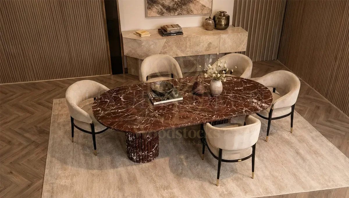 Luxury Rosso Marble Handcrafted Teak Dining Table Set, Saharanpur, view 3