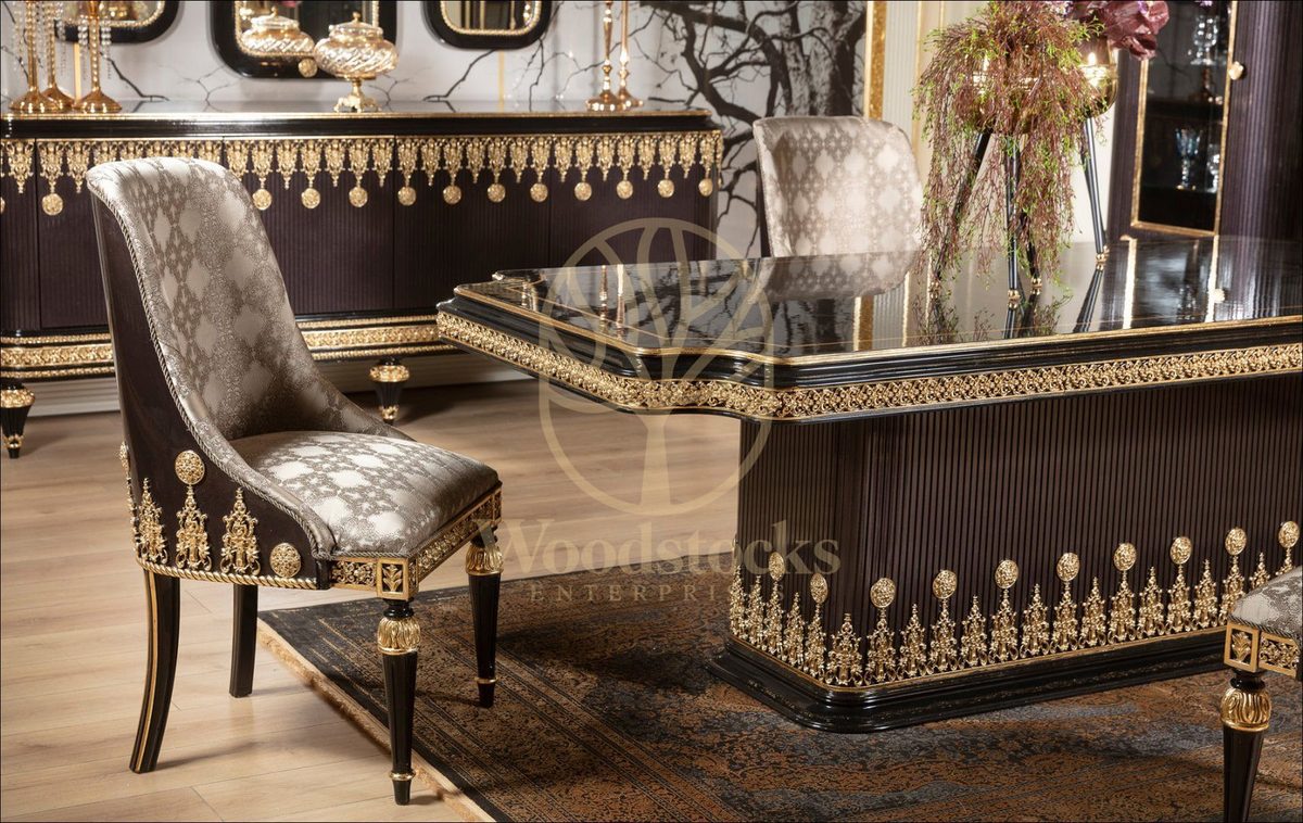 Teak Embroidered Black and Gold Dining Set, view 7