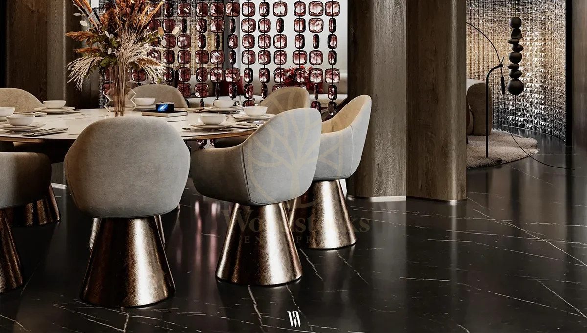 Luxury Valse Marble Round Handcrafted Teak Dining Table Set, Saharanpur, view 2