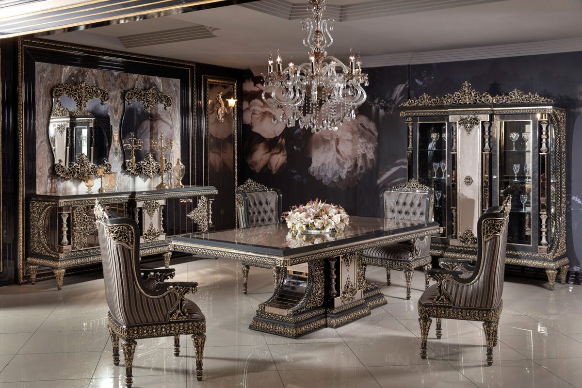 Teak Ornate Charcoal and Silver Dining Set, Dining Table