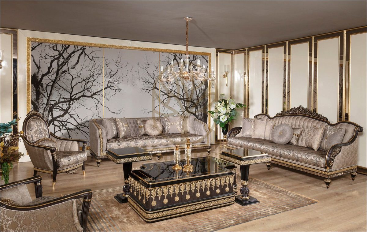 Teak Embroidered Silver Grey Sofa Set, Sofa Set