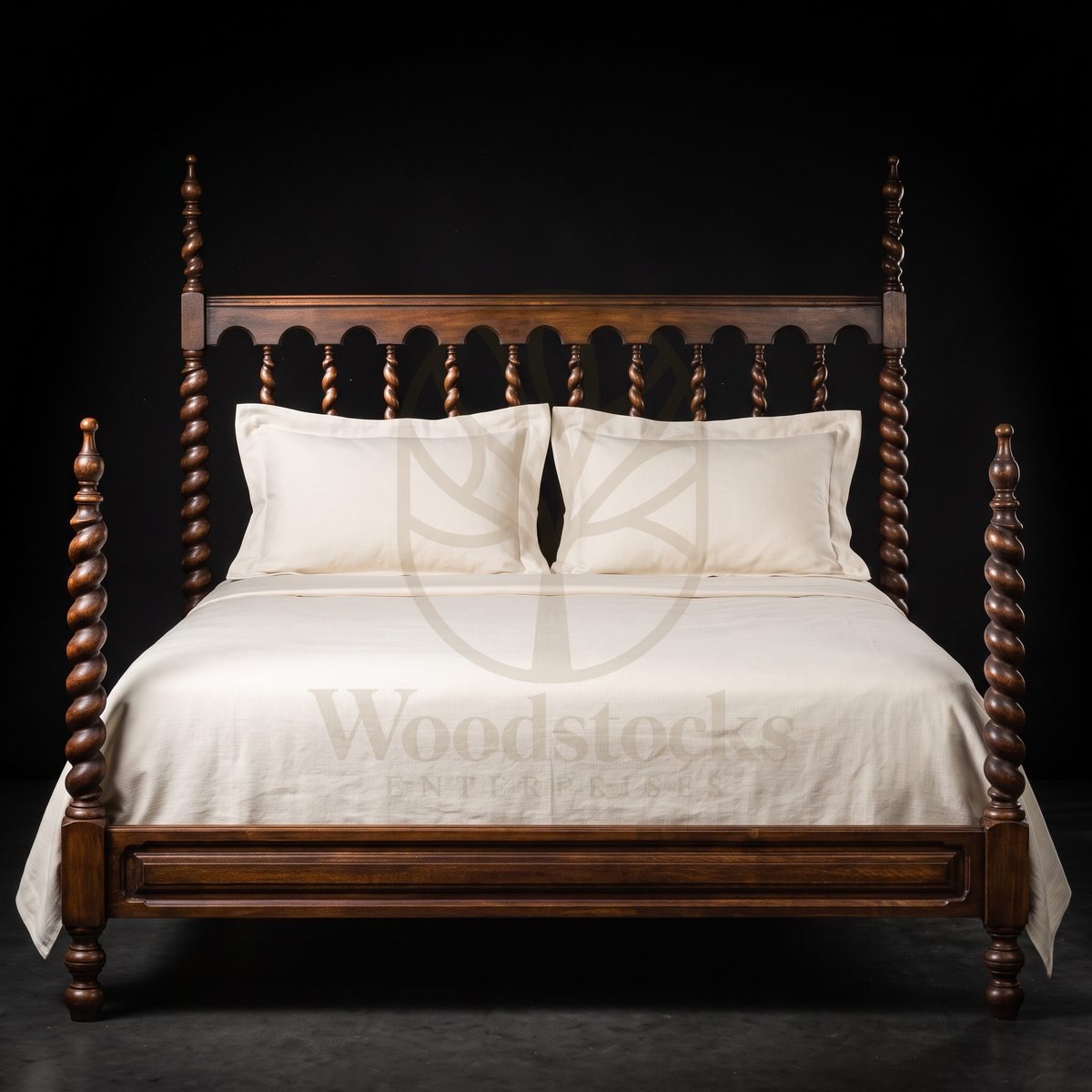 Royal Hand Carved Teak Barley Twist Jacobean-Revival Poster Bed, Saharanpur, view 3