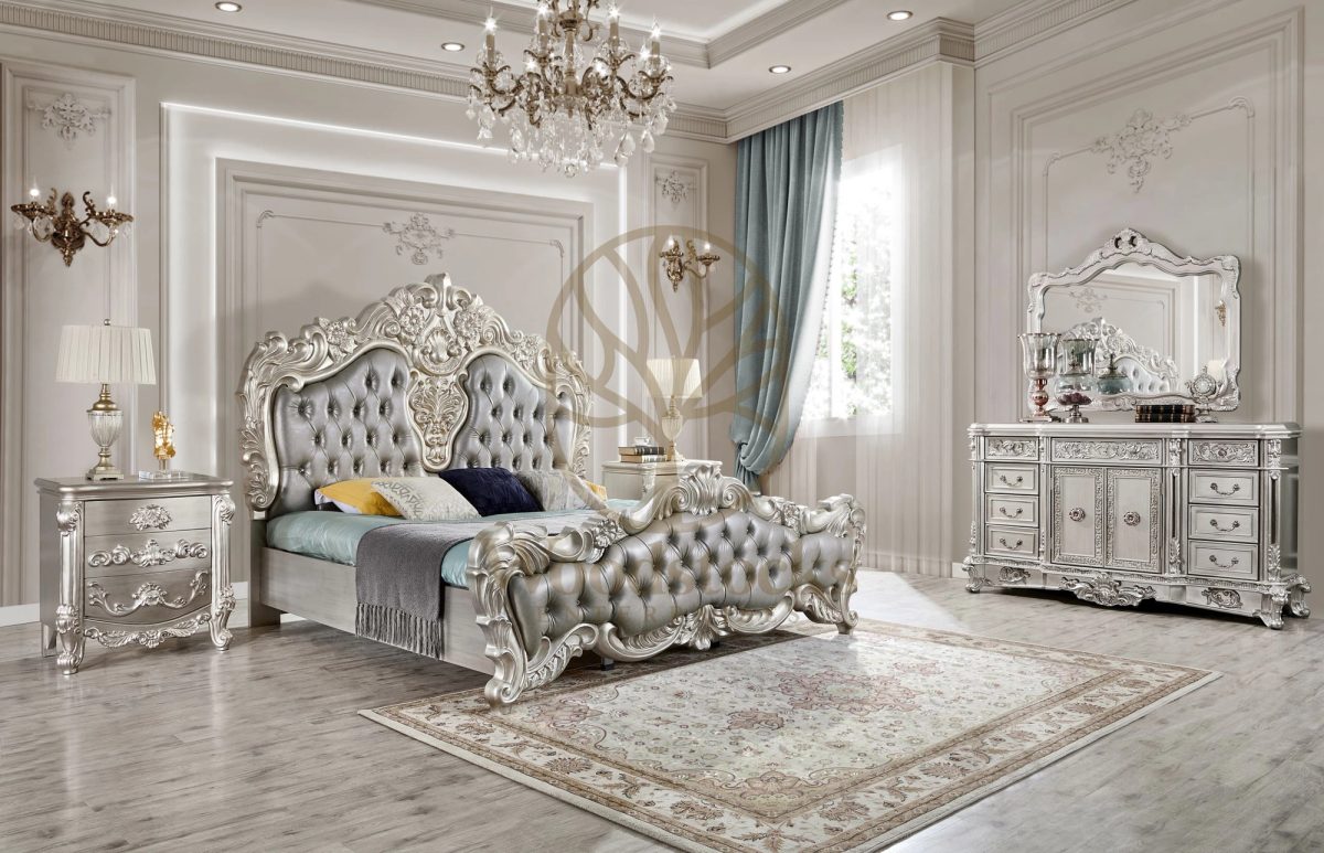 Teak Antique Cream Bedroom Set, King Size Bed
