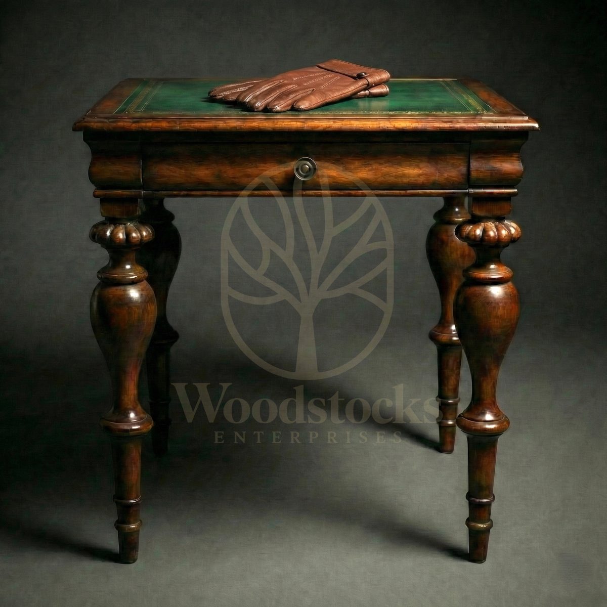 Luxury Teak St James’s Club Green-Leather Side Table, Saharanpur, End Table / Corner Table