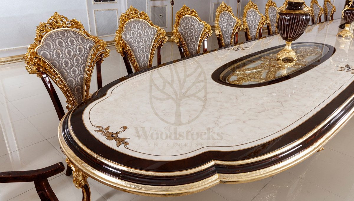 Royal Hunkar Gold Leaf Hand Carved Teak Dining Table Set II, Saharanpur, view 5