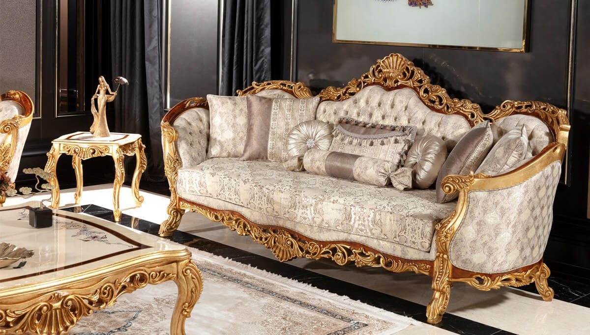 Royal Martinik Gold Leaf Hand Carved Teak Sofa Set, Saharanpur, view 4