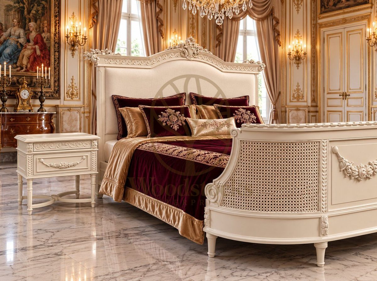 Teak Luxury French Provincial Carved Upholstered King Bed, view 4