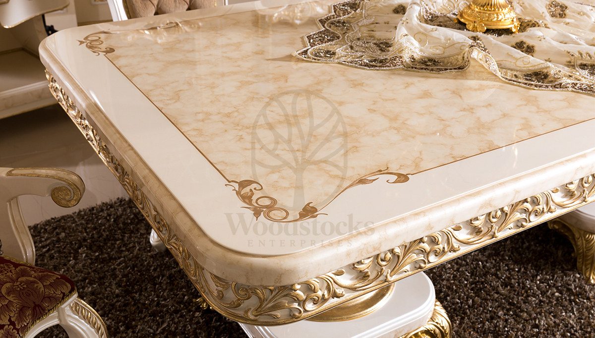 Royal Safir Cream Hand Carved Teak Dining Table Set, Saharanpur, view 4