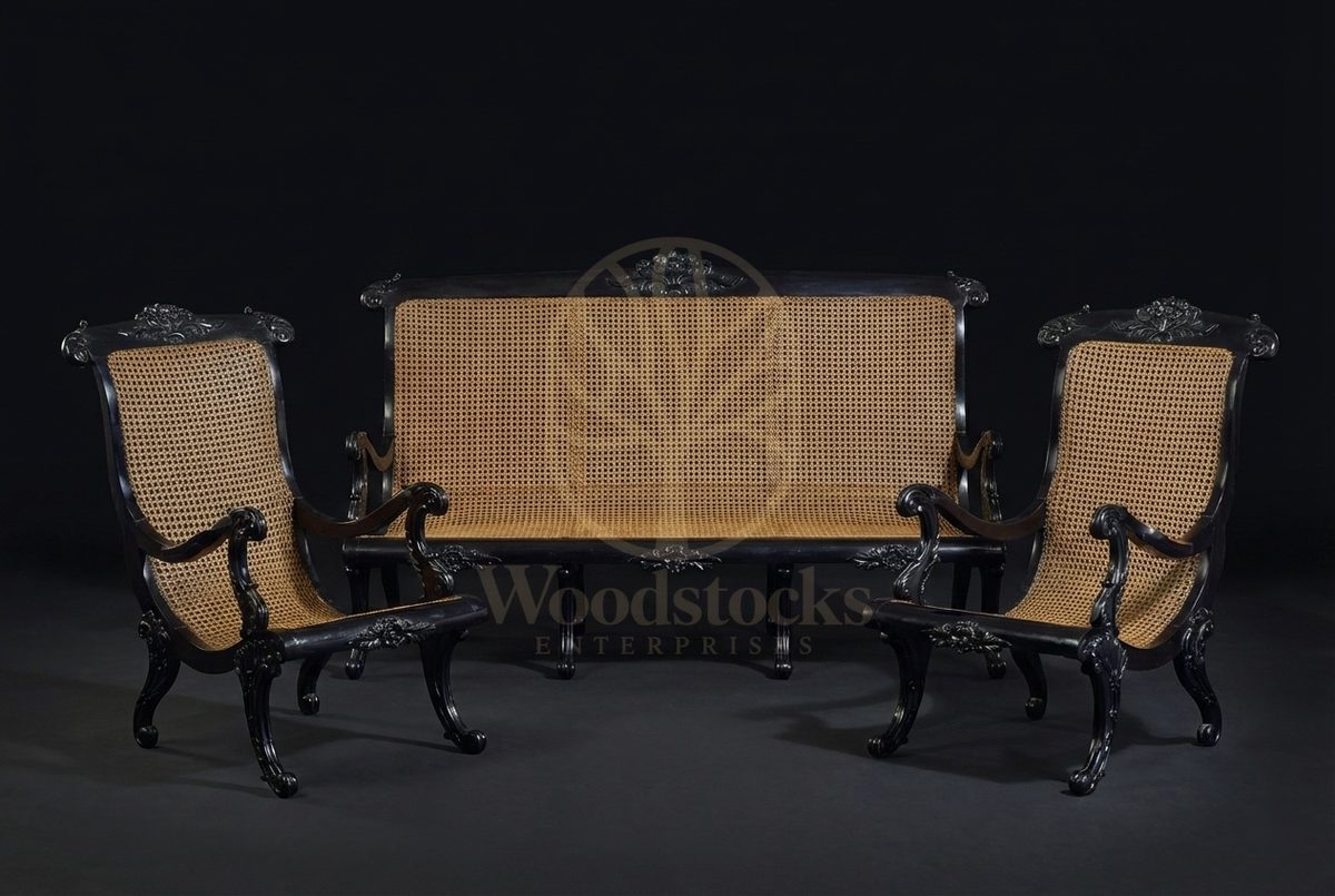 Hand Carved Teak Ceylonese Cane & Ebony Sitting Suite, Saharanpur, view 2