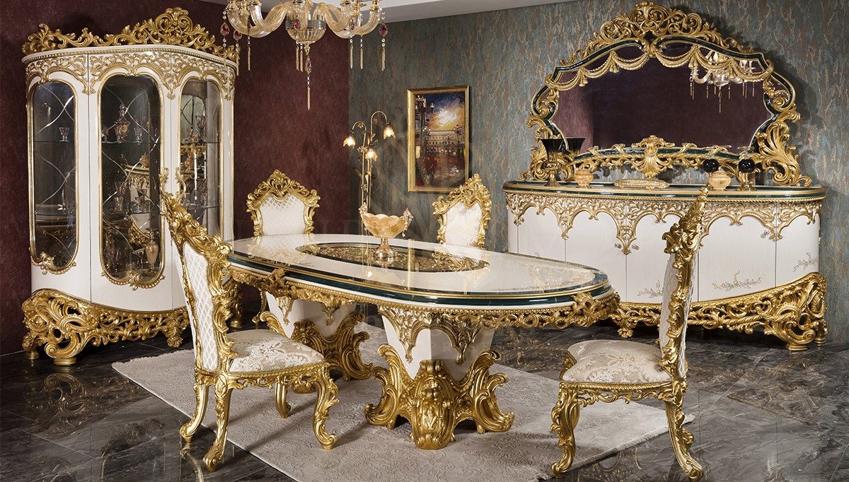 Royal Zumra Gold Leaf Hand Carved Teak Dining Table Set, Saharanpur, Dining Table