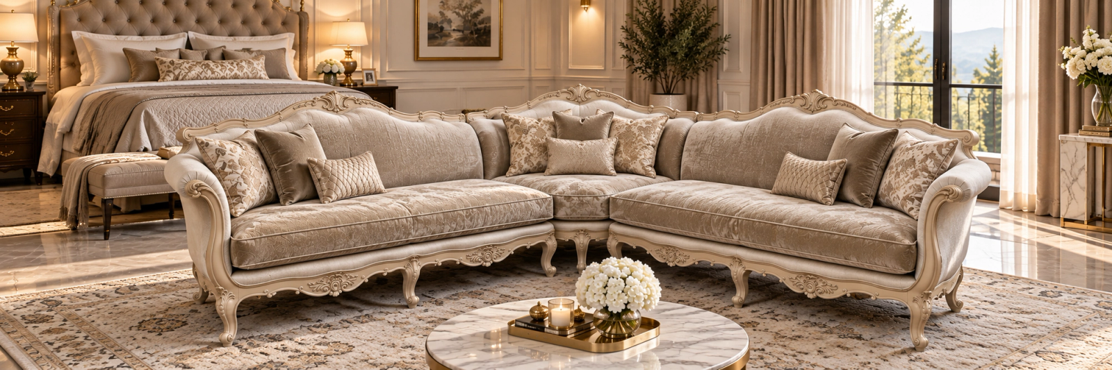 Hand carved luxury L shape sofa design in solid wood, in a living room with walking space around it