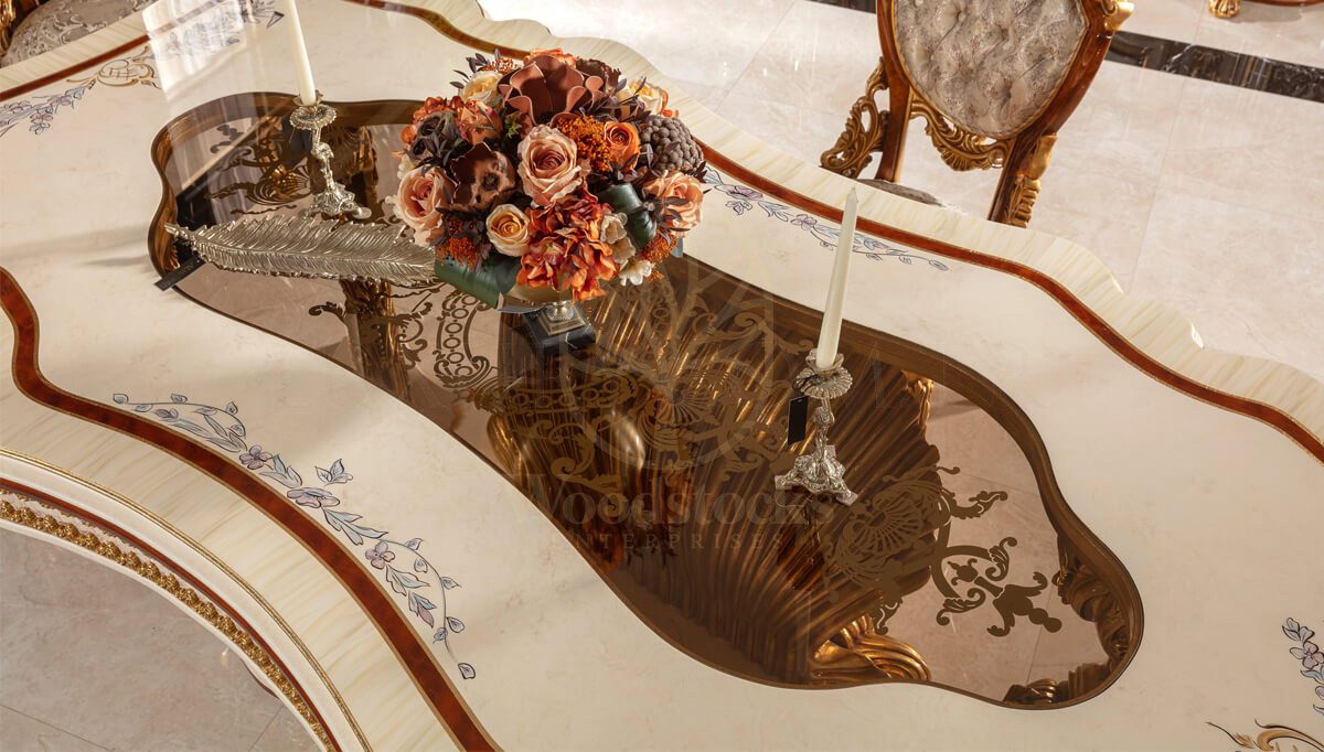 Royal Martinik Gold Leaf Hand Carved Teak Dining Table Set, Saharanpur, view 5