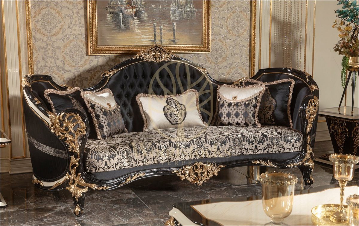 Teak Baroque Black and Gold Tufted Sofa Set, view 4