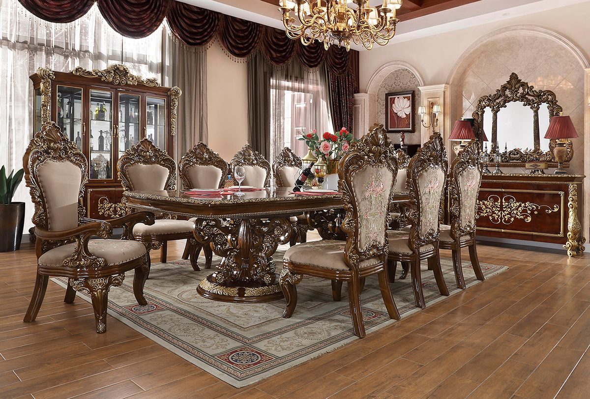 WSE High Quality Teak Wood Traditional Antique Gold Dining Table, Dining Table