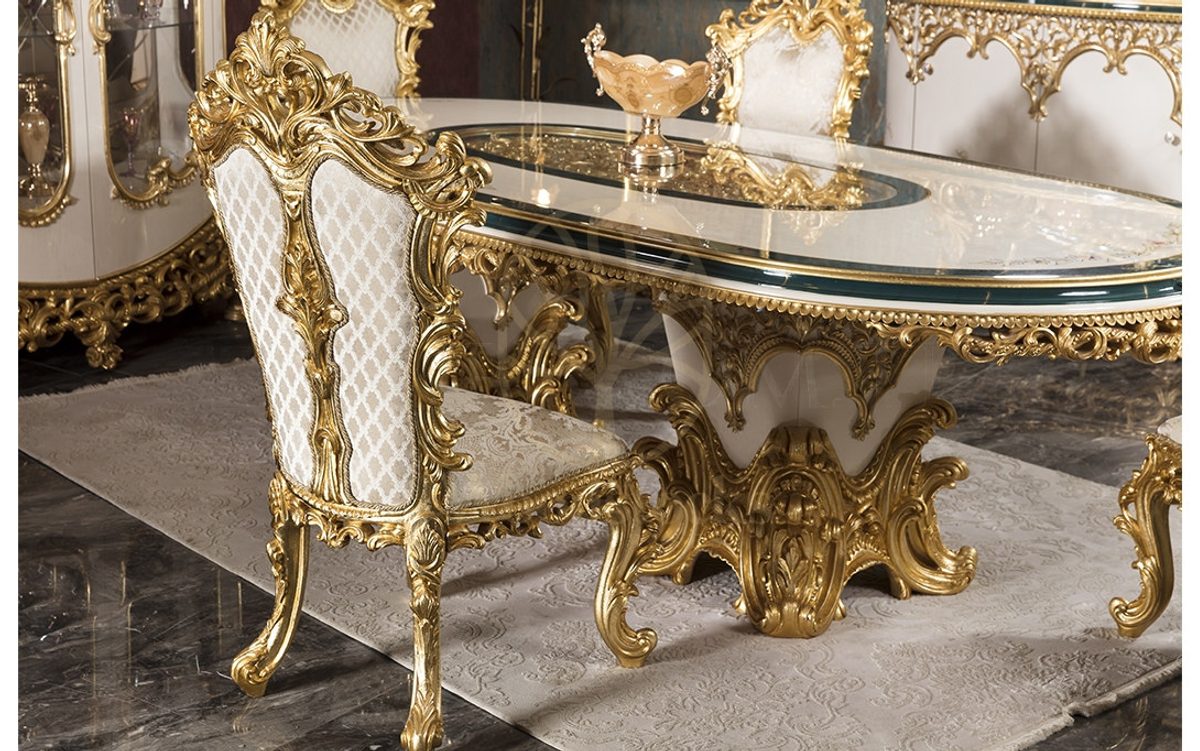 Royal Zumra Gold Leaf Hand Carved Teak Dining Table Set, Saharanpur, view 2