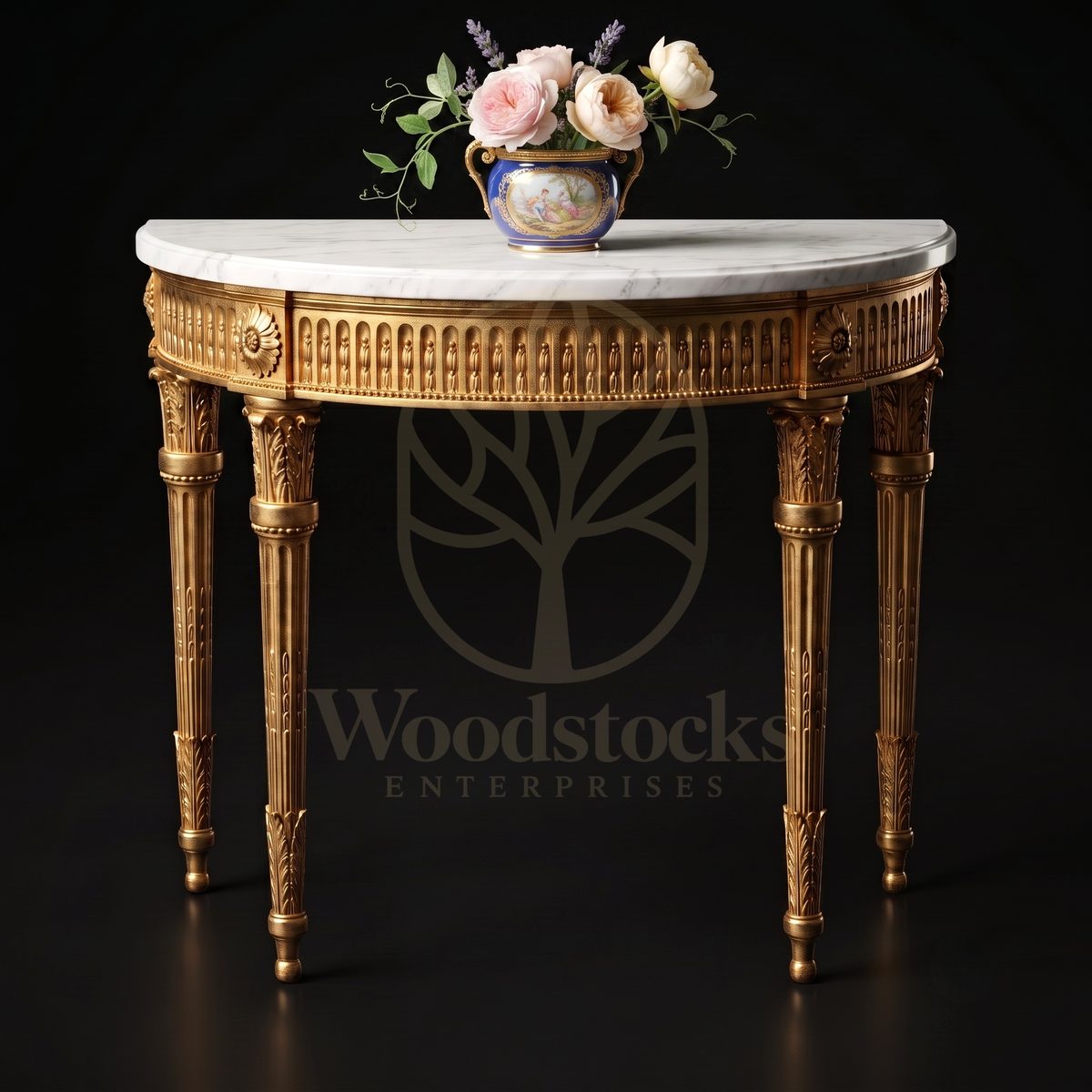 Royal Hand Carved Teak Chantilly Giltwood Demi-Lune Console, Saharanpur, Console Table