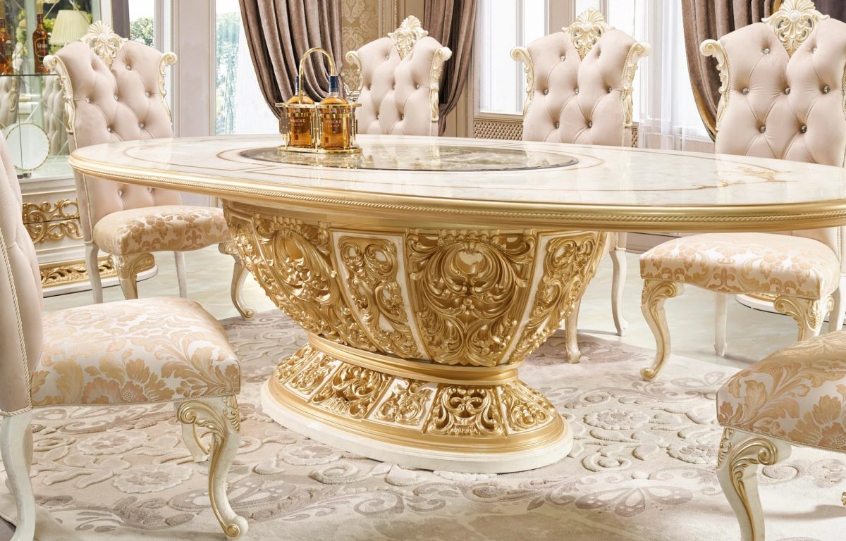 WSE High Quality Teak Wood Carved Cream Dining Table, Dining Table